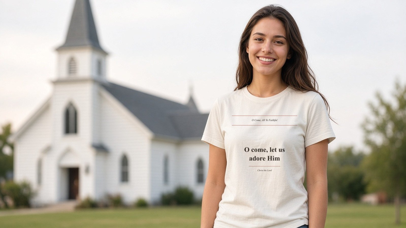 Natural tee printed with "O come, let us adore Him" — O Come, All Ye Faithful Tee