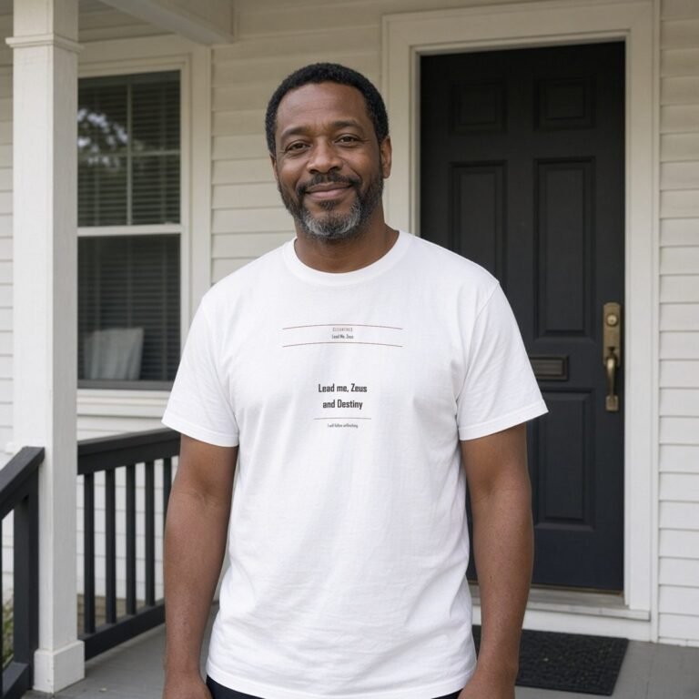 Man in a white Lead Me, Zeus tee on the front porch of his house