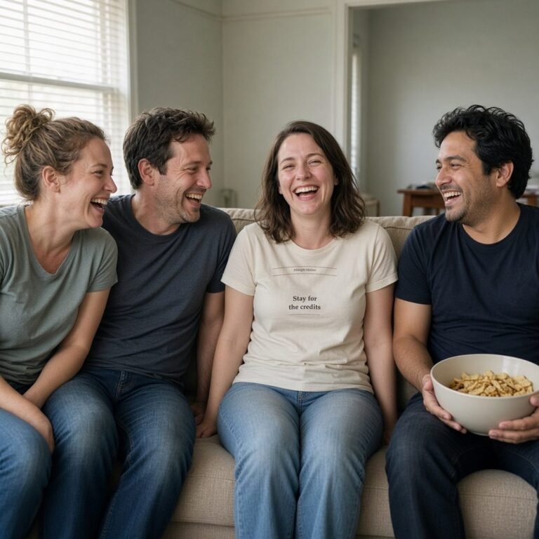 Friends laughing on a couch, one wearing a Stay for the Credits tee