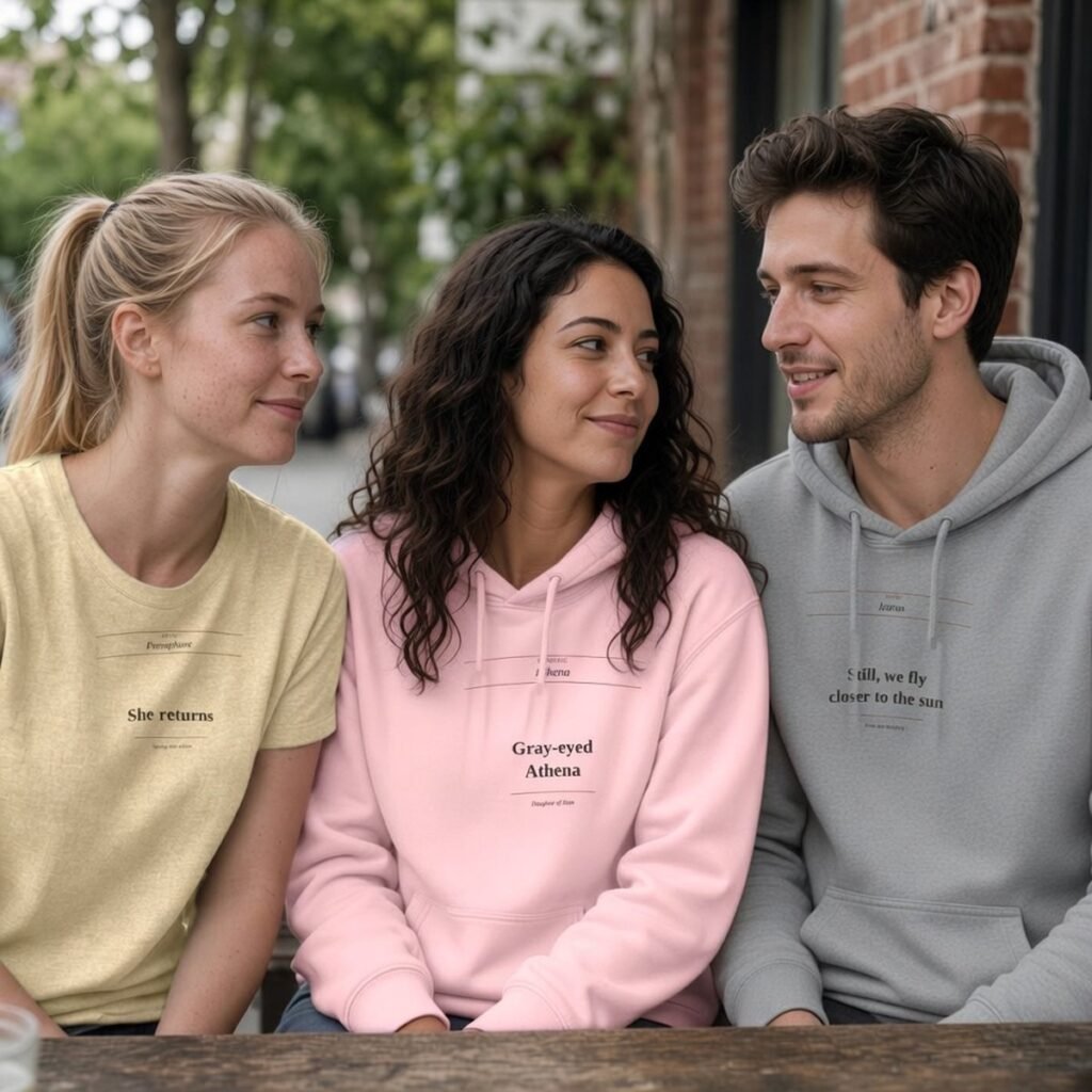 Three friends at a café wearing a Verseywear Persephone tee, Athena hoodie and Icarus hoodie