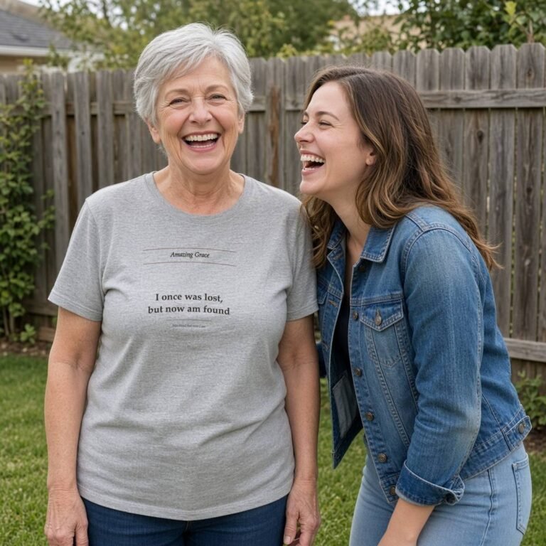 Grandmother in an Amazing Grace tee laughing with her granddaughter in a backyard